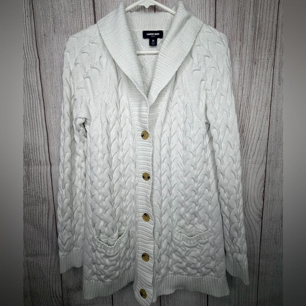 Lands' End Women's White Cable Knit Cardigan